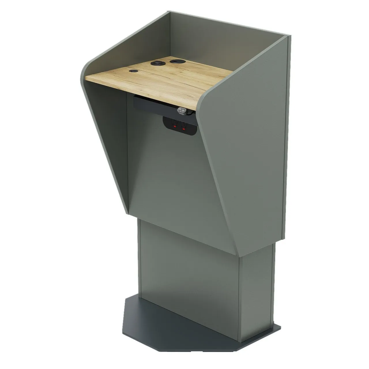 H.A.L. electric height adjustable lectern with built-in cabinet to mount AV equipment