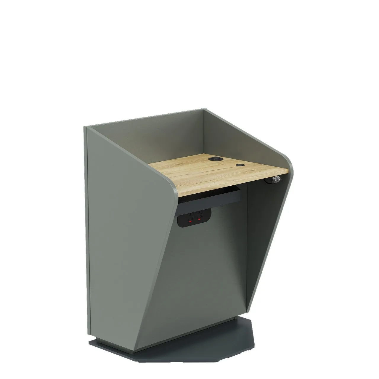 H.A.L. height adjustable lectern angle side in low position in Gold Craft Oak and Anthracite Grey finish