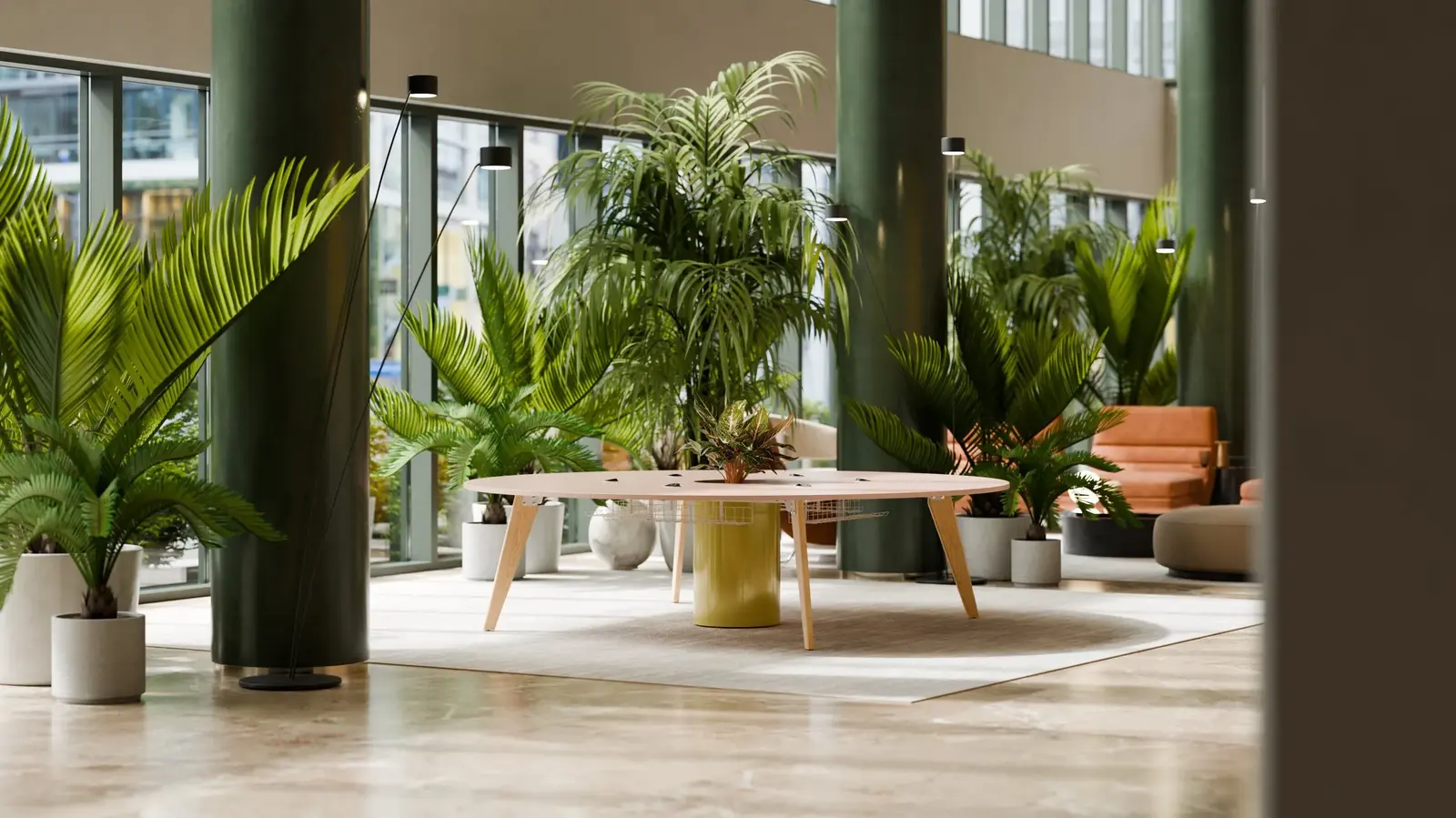 Orbital biophilic meeting table with integrated plant life - sustainable office furniture London