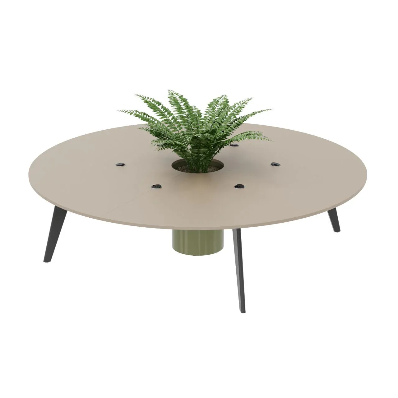 Orbital circular meeting table with large central planter bringing biophilic design to office spaces