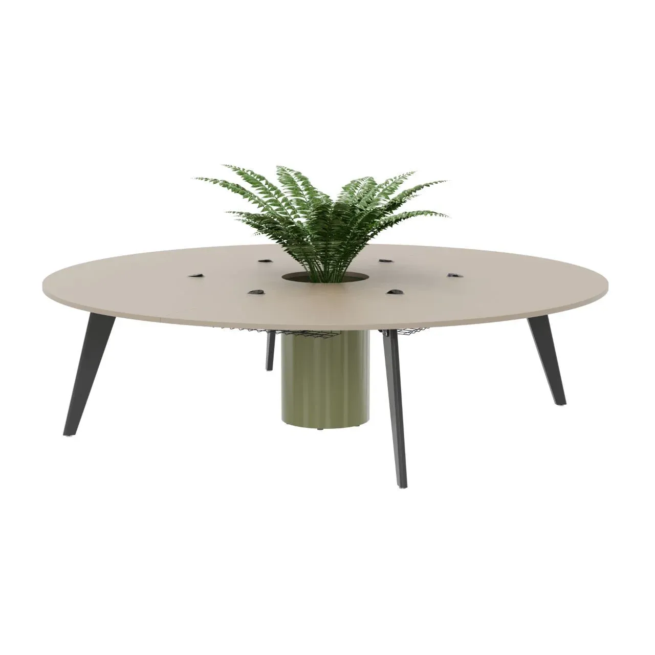 Orbital breakout table in modern office environment with greenery