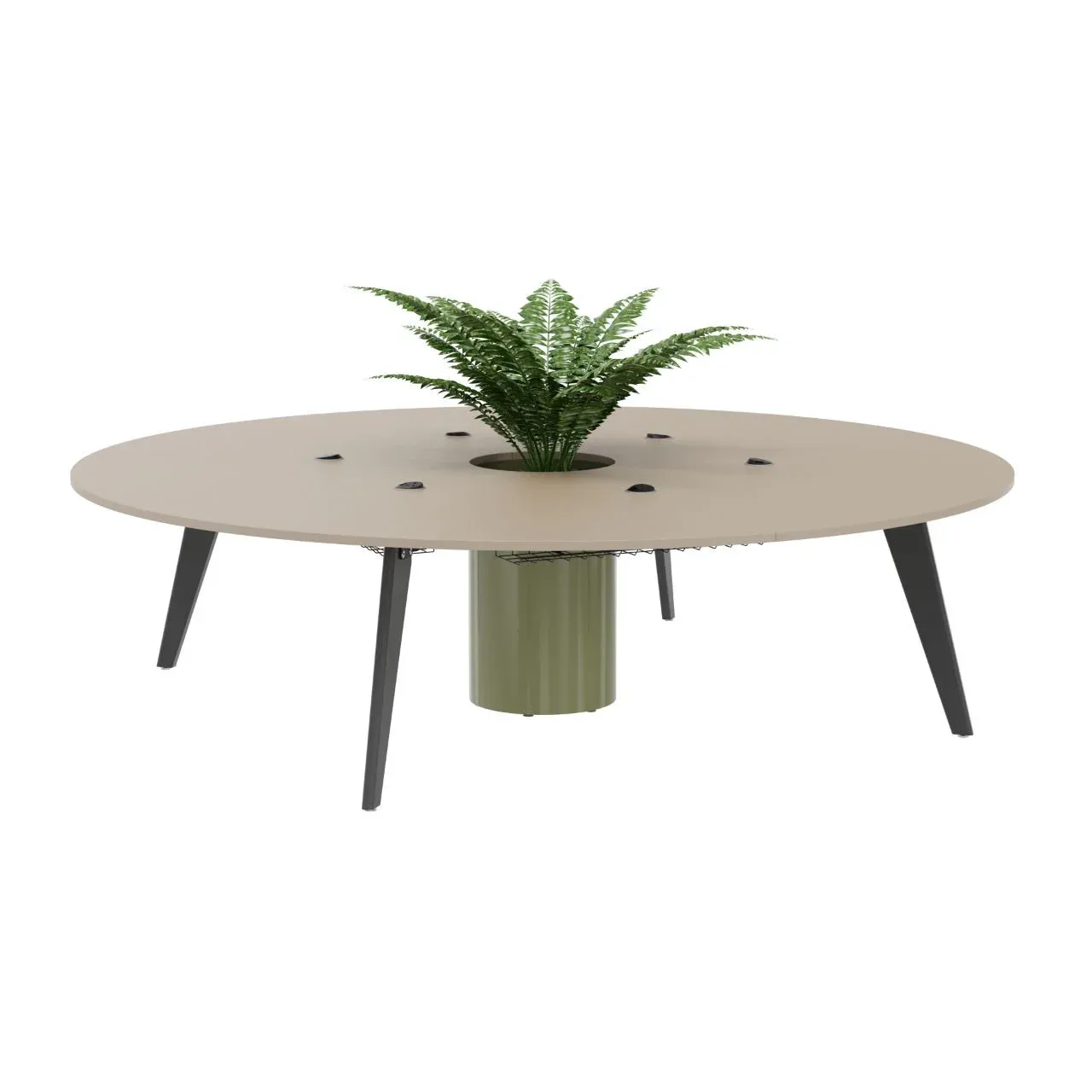 Orbital co-working table with central planter for collaborative workspaces