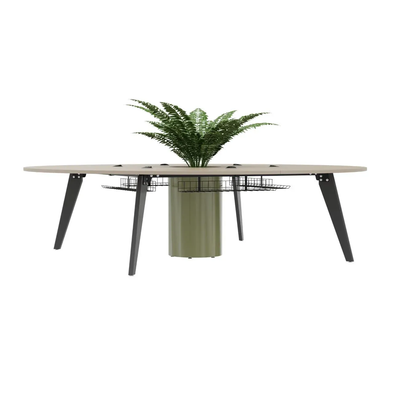 Orbital circular table with RAL 6013 green planter and cashmere MFC top