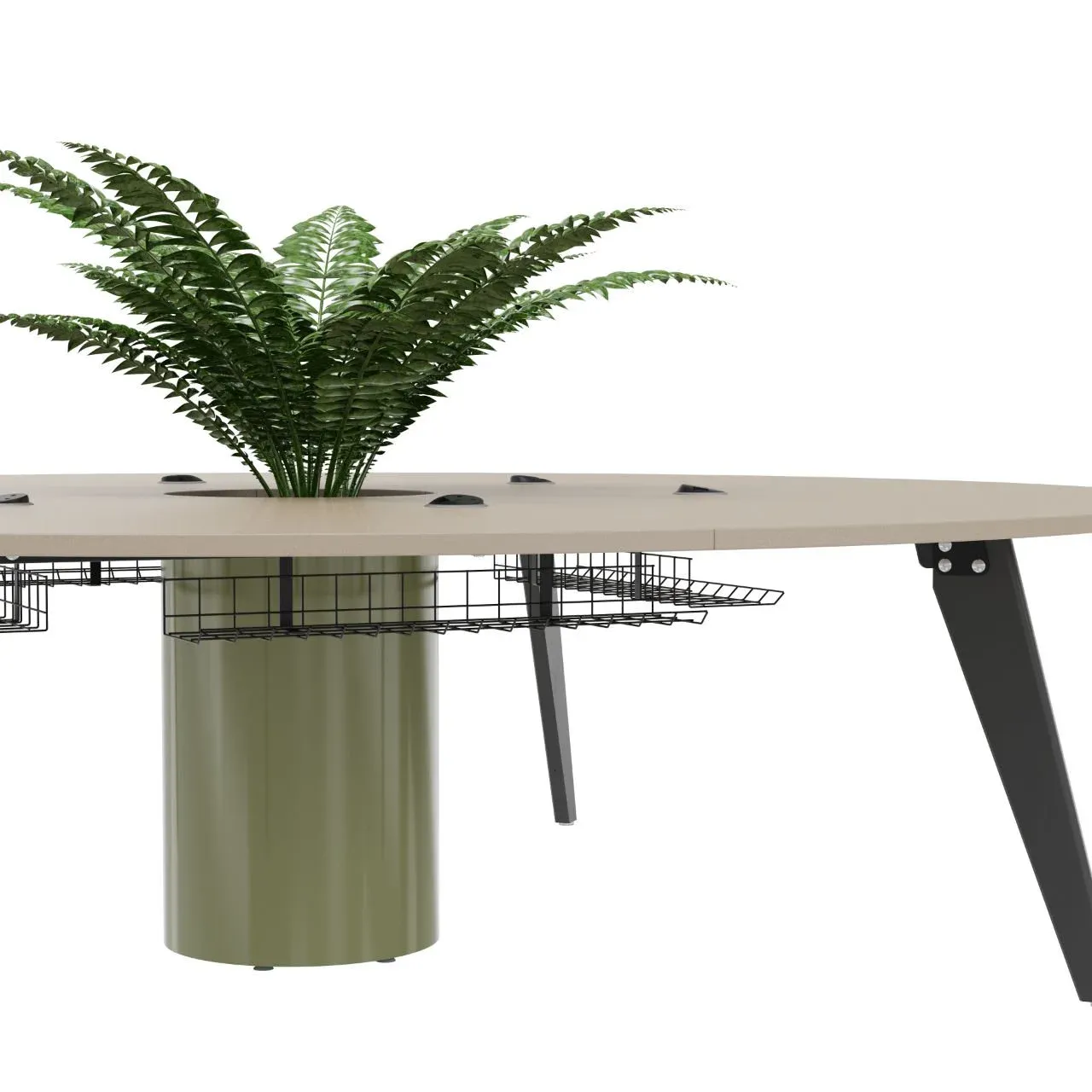 Orbital table side view showing circular planter and cable management