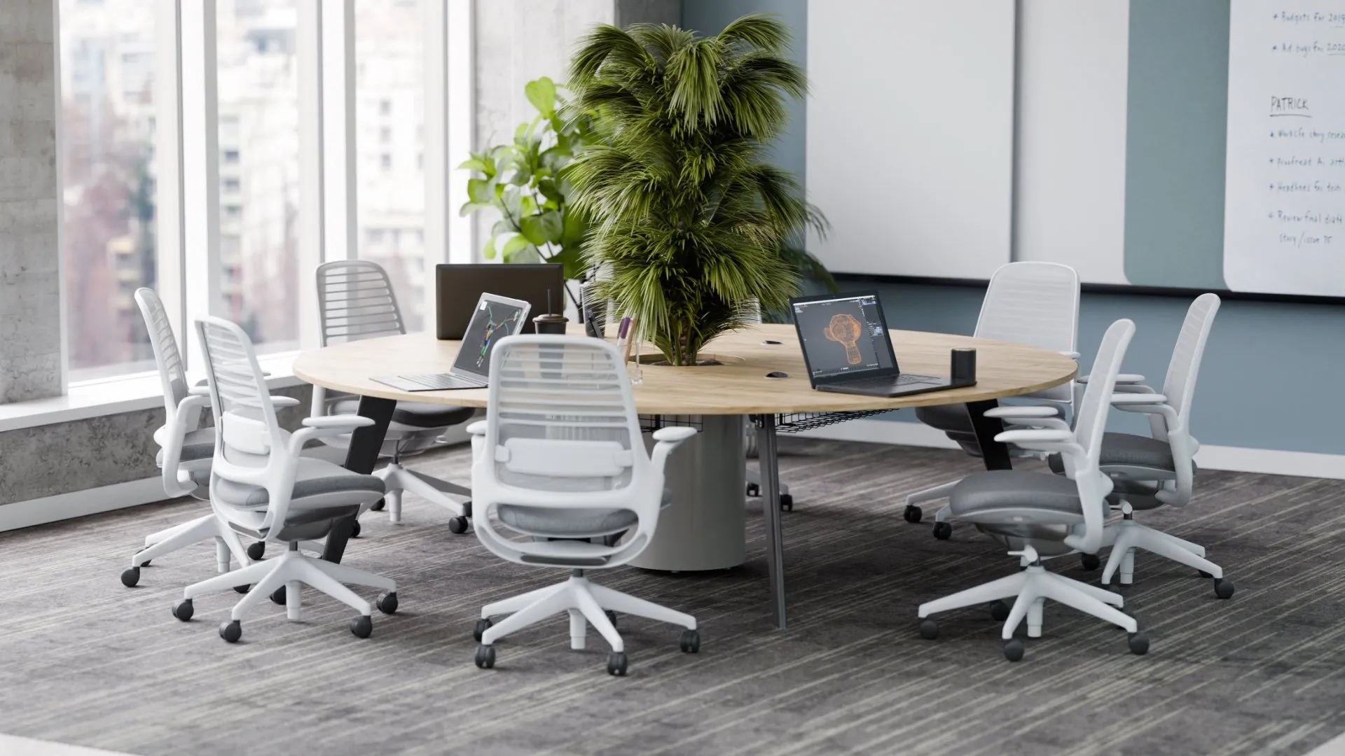 Orbital circular table in modern office with biophilic design