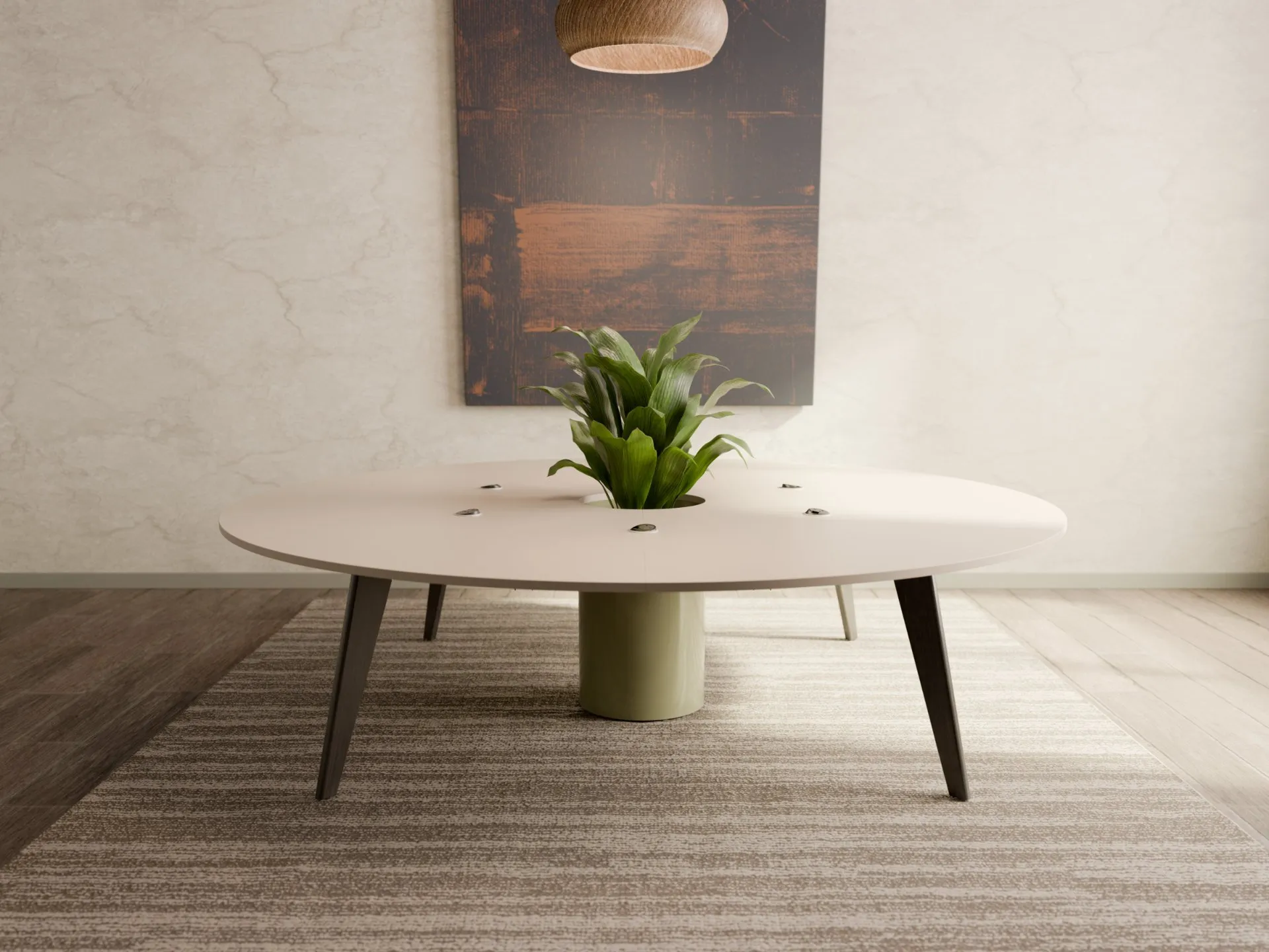 Orbital table with cashmere coloured top and central planter