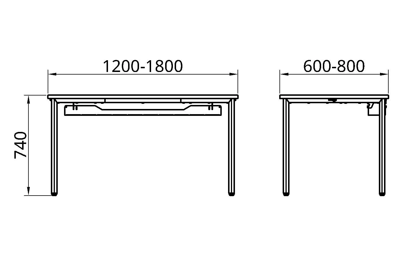 Recon desk technical dimensions diagram showing height, width, and depth measurements