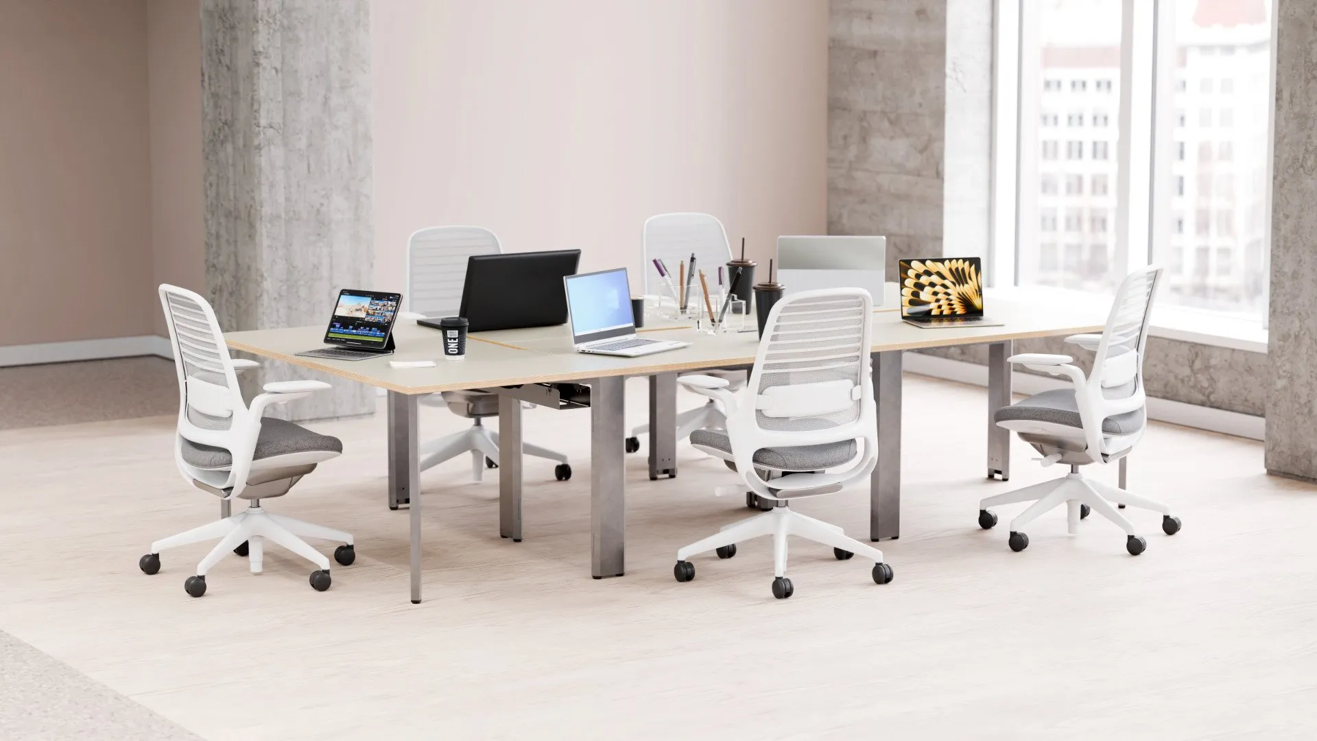 Recon modular desks configured in a bank of 5 in a modern London co-working space