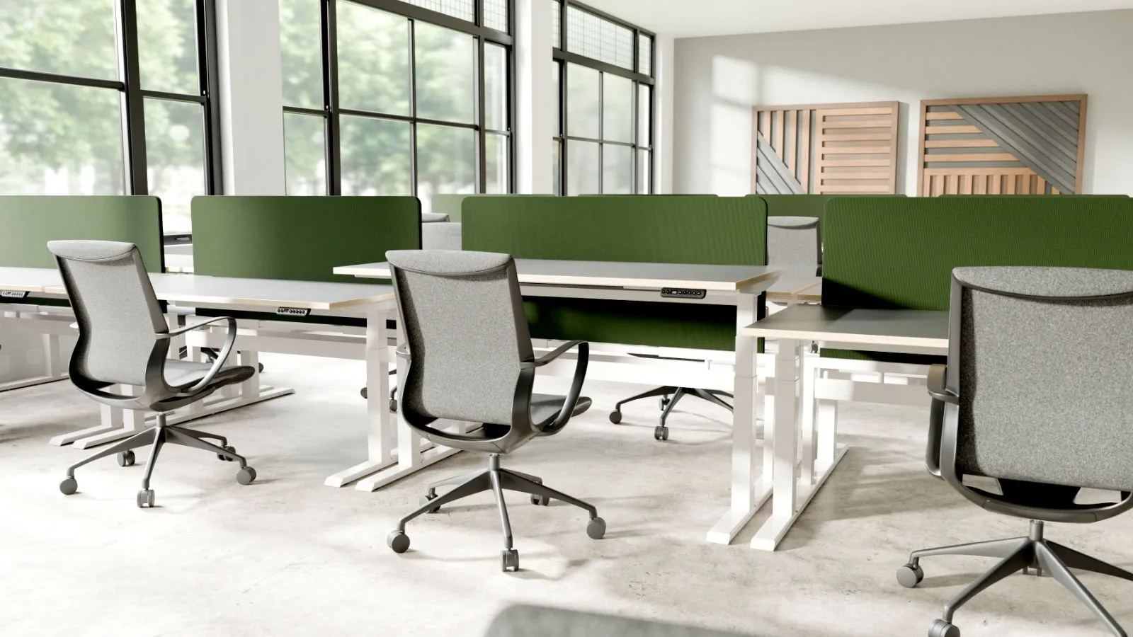 R!se linked bench desk configuration installed in professional shared workspace