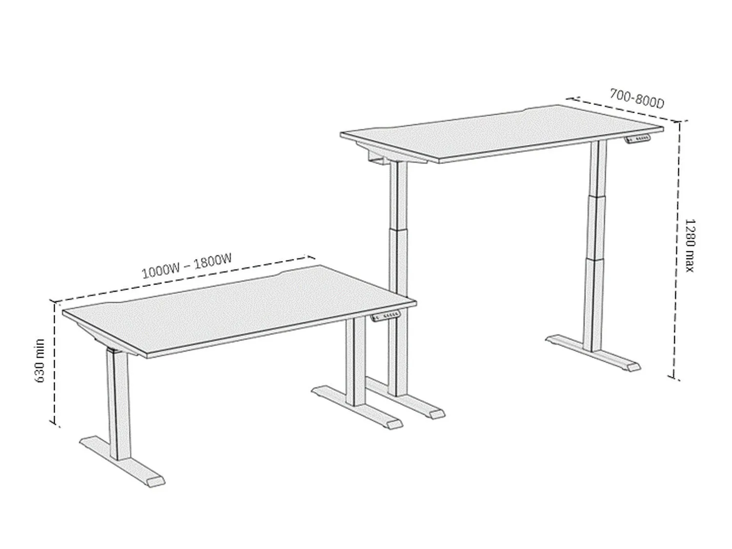R!se sit-stand desk technical dimensions diagram showing height range and frame measurements